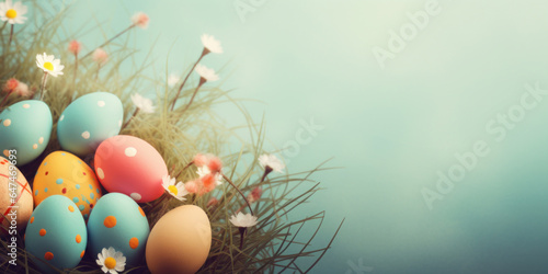 Easter background with colorful eggs on grunge blue backdrop