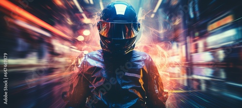 Helmet person at full speed. Futuristic cyberpunk theme. Fictional character. Generative AI technology.