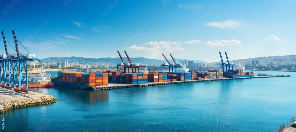 Port full of container cargo box. Delivery global transport trade business concept. Generative AI technology.