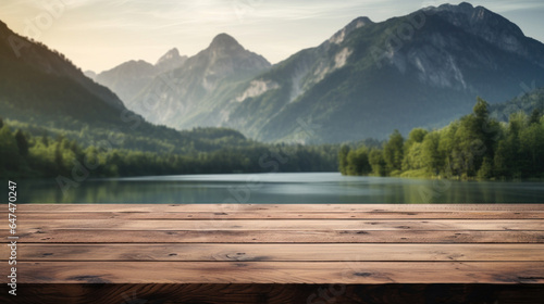 Empty wooden table top with blur background of river and mountain