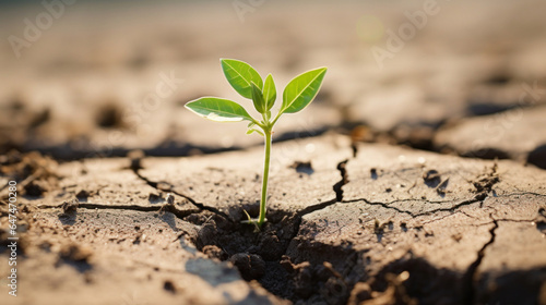 Alone seedling emerging from cracked dry soil.