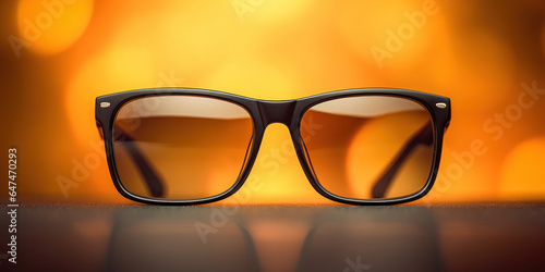 Edge of black sunglass close up, orange, yellow bokeh background