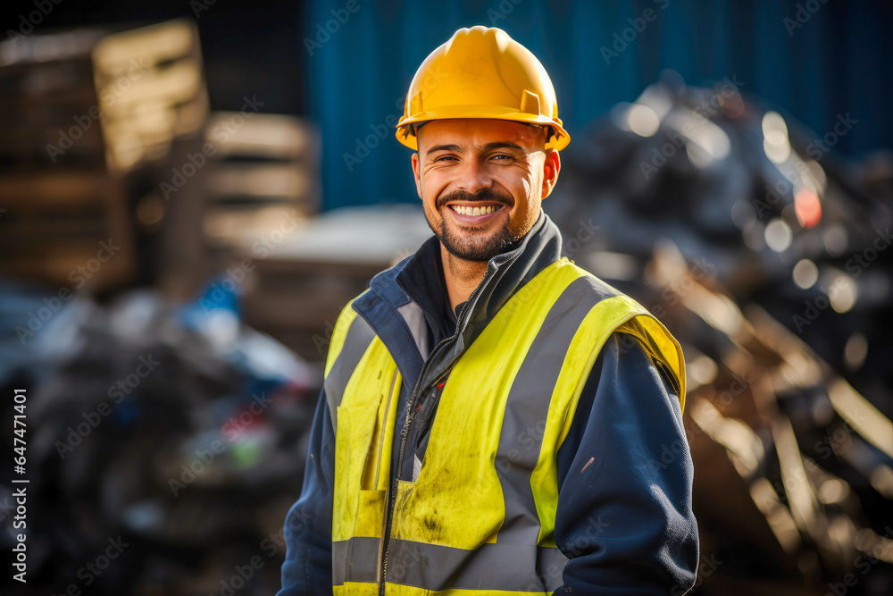 Recycling center worker posing in front of a pile of scrap Recycling center worker posing in front of a pile of scrap