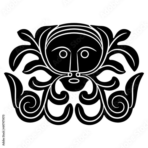 Green man mask. Male sprouted head. Human skull with floral vine beard and mustache. Ethnic medieval design from Germany. Black and white silhouette.