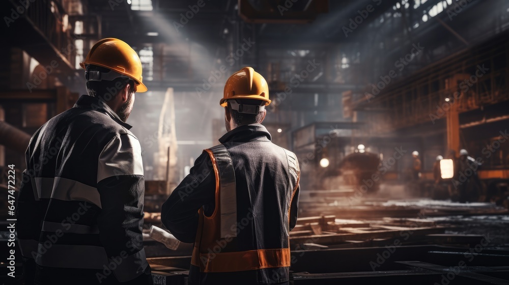 Industrial workers in safety vests and hard hats collaborating on a project, engineer, industrial, safety, construction, factory, building, development, architect, production Industrial workers in safety vests and hard hats collaborating on a project, engineer, industrial, safety, construction, factory, building, development, architect, production