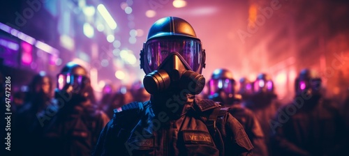 Group of policeman wearing gas mask. Generative AI technology. © Hero Design
