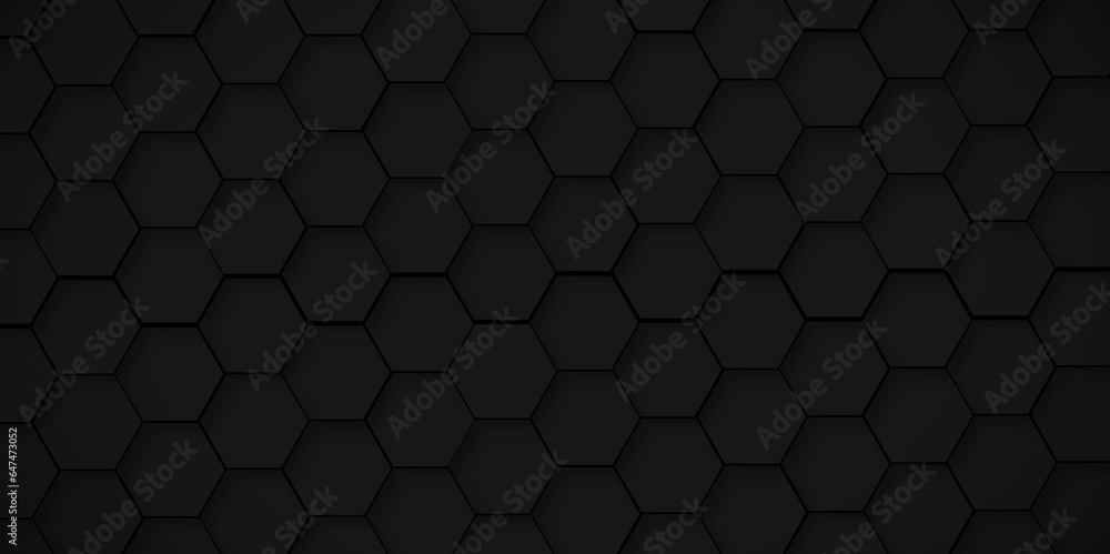 Background of abstract black 3d hexagon background design a dark honeycomb grid pattern. Abstract octagons dark 3d background.Black geometric background for design. Background of abstract black 3d hexagon background design a dark honeycomb grid pattern. Abstract octagons dark 3d background.Black geometric background for design.