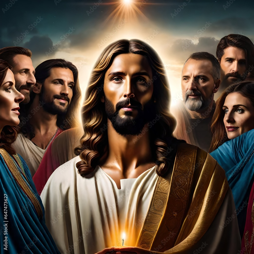 A digital painting of Jesus standing with his followers. A digital painting of Jesus standing with his followers.
