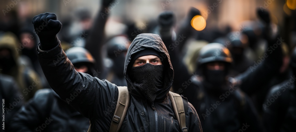 Black masked gangster raised his hand participate on city protest. Generative AI technology.