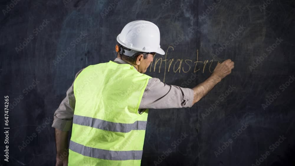 Engineer man writes Infrastructure on the blackboard. Engineer man writes Infrastructure on the blackboard.