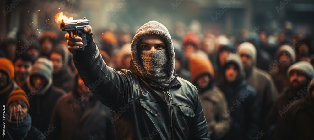 Fototapeta premium Masked protestor firing gun to street. Generative AI technology.
