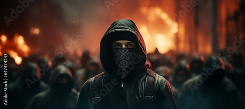 Black masked person at chaos city protest. Generative AI technology.