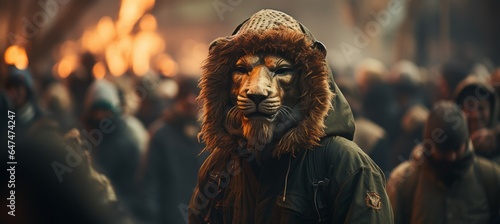 Hooded masked lion person at protest. Generative AI technology.