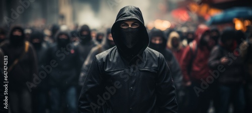 Group of masked bandit at street riot. Generative AI technology.