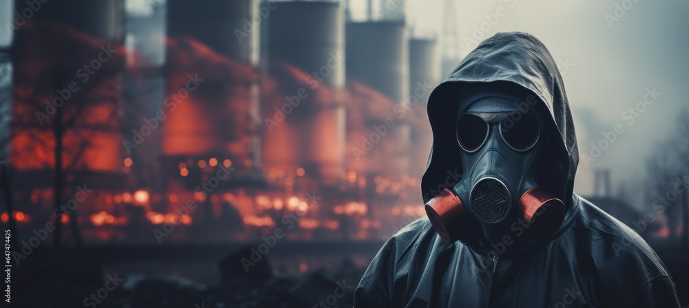 Worker wearing gas mask and full protective suit at hazardous factory background. Generative AI technology Worker wearing gas mask and full protective suit at hazardous factory background. Generative AI technology