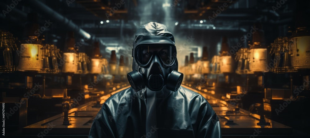 Engineer wearing gas mask and full protective suit at nuclear uranium factory. Generative AI technology. Engineer wearing gas mask and full protective suit at nuclear uranium factory. Generative AI technology.
