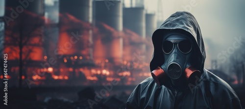 Worker wearing gas mask and full protective suit at hazardous factory background. Generative AI technology