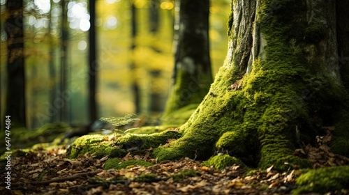 The base of an aged tree trunk or tree, carpeted in rich green moss, stands prominently against a backdrop of golden autumn leaves scattered on the forest floor.