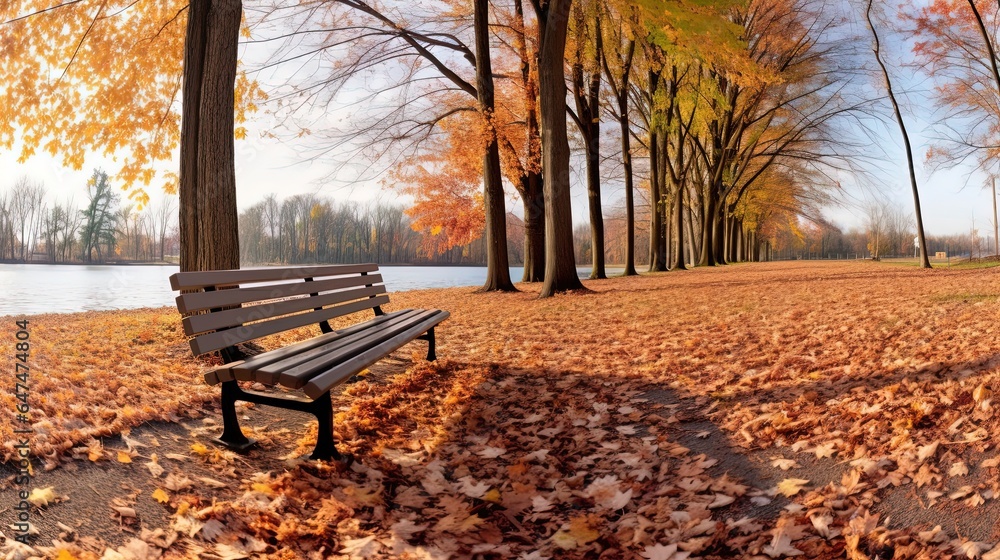 Whispers of Autumn: The Solitary Park Bench Amidst a Cascade of Fallen Leaves