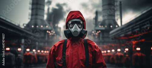 Red coat scientist at chemical factory. Generative AI technology.	
 photo