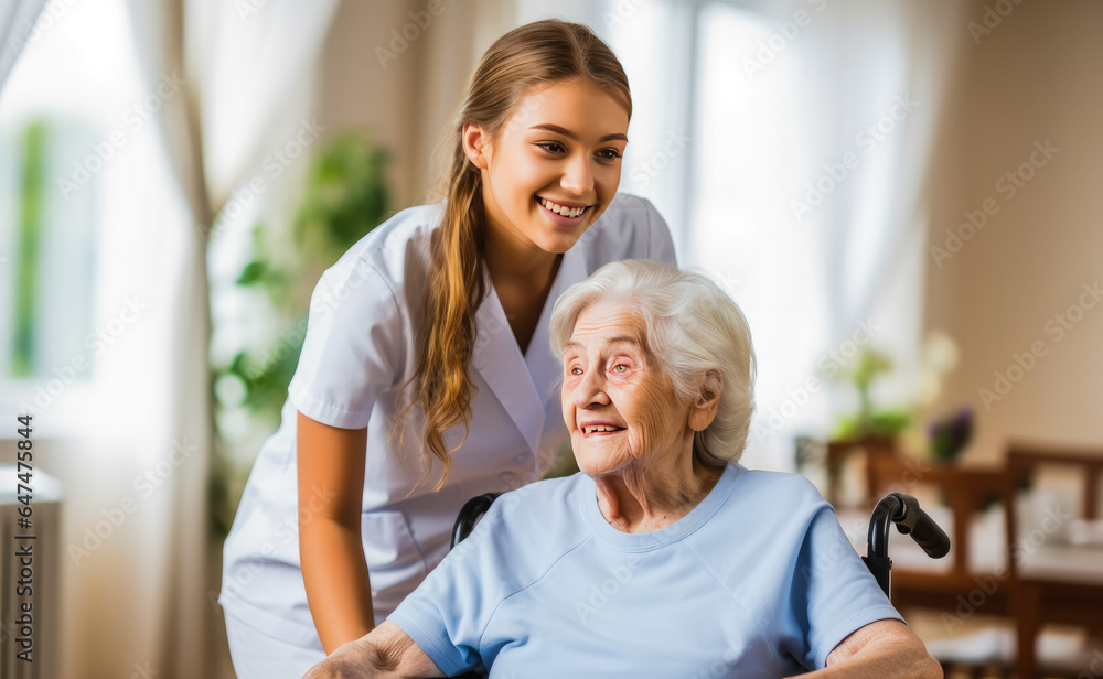 Obraz premium Young nurse assisting a senior woman in a nursing home
