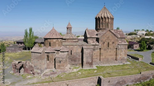 Drone footage of Harichavank Monastery on sunny summer day. Harich, Shirak Province, Armenia. photo