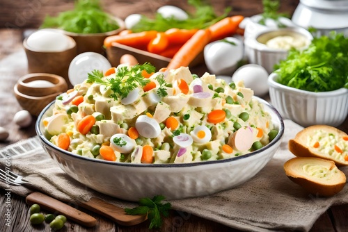 Fresh homemade vegetarian Russian or Olivier salad made of potato, carrot, pea, hard-boiled egg and a mayonnaise dressing, served in bowl with fork on side