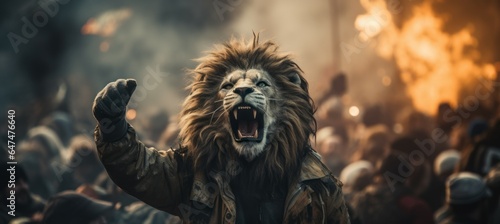 Lion king screaming join protest at city street. Generative AI technology.