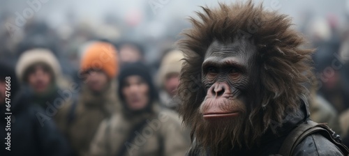 Masked ape person on street protest. Generative AI technology.