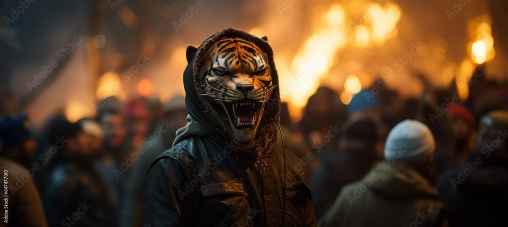 Angry tiger join political demonstration and riots. Generative AI technology. - obrazy, fototapety, plakaty 