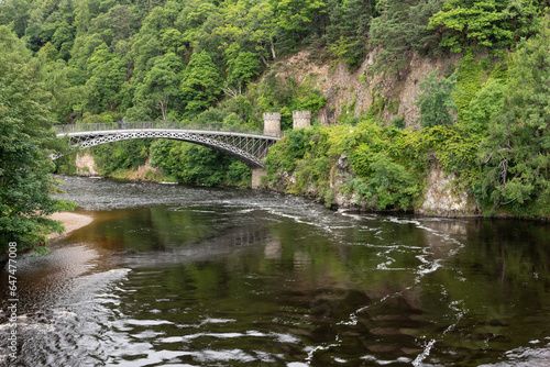 Craigellachie Bridge over the River Spey, Moray, Scotland,United Kingdom. Made of cast iron, designed by Thomas Telford and built between 1812 and 1814.