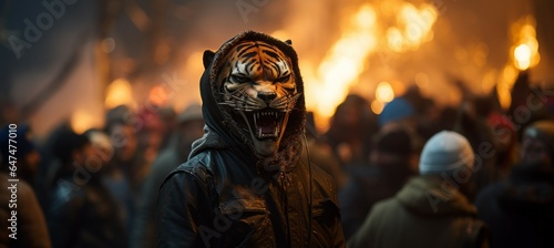 Angry tiger join political demonstration and riots. Generative AI technology.