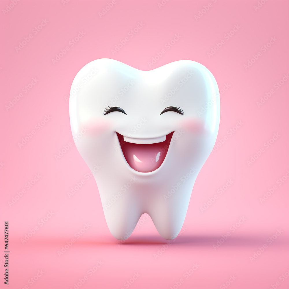 fröhlicher lachender Zahn in 3D mit Augen und Mund auf rosa pink Hintergrund. Quadratisch. Generative Ai.