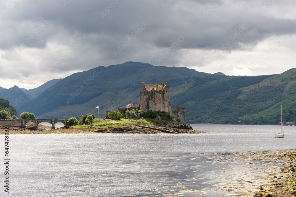 Eilean Donan Castle at the confluence of Loch Duich, Loch Long, and Loch Alsh in the Highlands of Scotland.