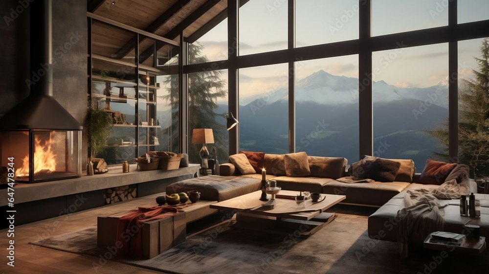 Mountain chalet with a panoramic view of alpine landscapes Mountain chalet with a panoramic view of alpine landscapes