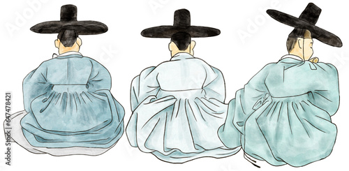 Korean traditional painting illustration, artist shinyoonbok. back view of the orchestra