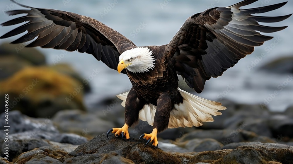 Powerful bald eagle poised for takeoff on a rocky cliff
Powerful bald eagle poised for takeoff on a rocky cliff