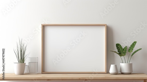 Stylish interior of living room with mock up poster frame  wooden commode  book  leaf in ceramic vase and elegant personal accessories. Minimalist concept of home decor. Template.