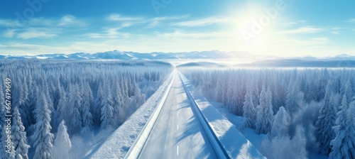 Snowy road between pine forest. Generative AI technology.
