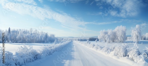 Road full cover with snow at countryside. Generative AI technology.