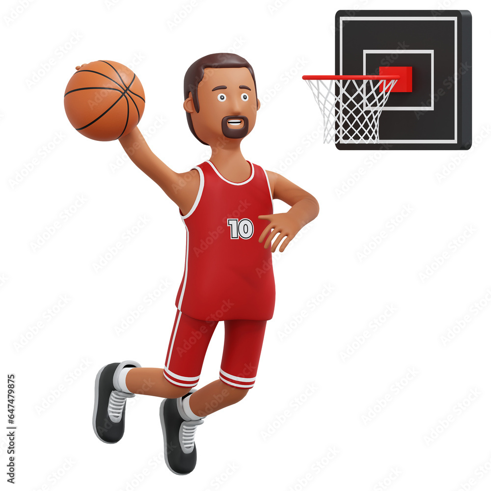 basketball player jumping and make a score 3d cartoon illustration