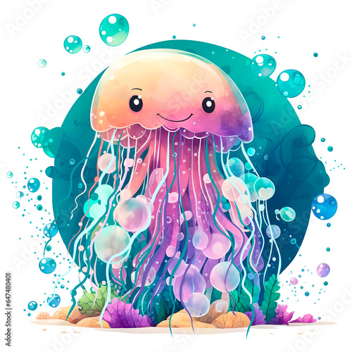 Fotografie watercolor sea Jellyfish illustration isolated on transparent background, underwater animals ocean collection