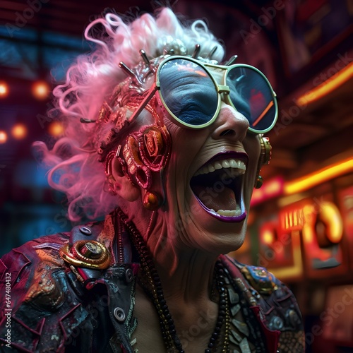 a white-haired grandmother wearing glasses who is laughing, against a background of neon lights