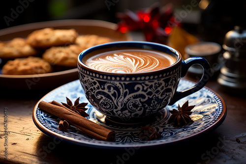 Blue cup  with delicious coffee with hot cinnamon  accompanied by a delicious snack of cookies  for a cold day  in winter  hot chocolate in the morning  generative AI