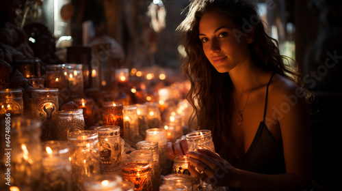 Young woman, with dark skin, with long brown hair, with curly waves, in front of a table full of lit candles, day of the dead, typical tradition, altar of the dead, generative AI