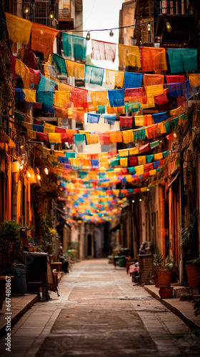 Vertical image of a street in a town, decorated with colored paper hanging from the houses © alejandra