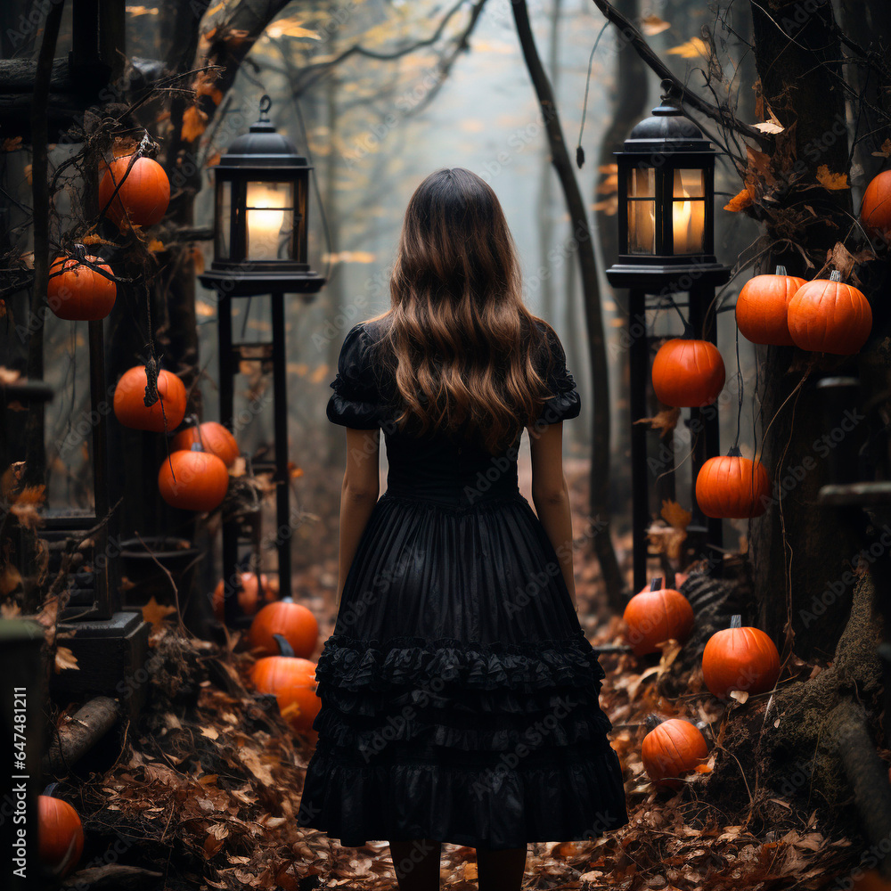 Woman from behind, with wavy brown hair, wearing a black dress, standing with her back, in the middle of a dark forest, full of branches, leaves and pumpkins.
