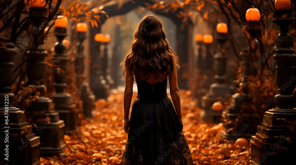 Woman from behind, wavy hair, wearing a black sleeveless dress, in an autumn landscape, looking towards the entrance of a path.
