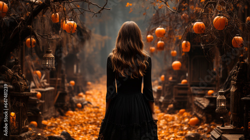 Witch with her back to the camera, wearing a black dress, long brown hair, in an enchanted forest, full of Halloween pumpkins