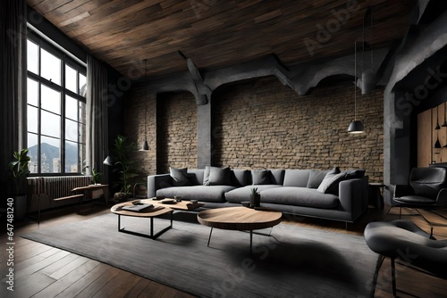 Dark loft interior with trendy, stylish gray sofa, dry grass by the window. Concrete background with a brown tint, light spots. Scandinavian style. Copy space